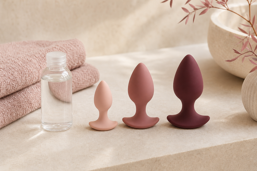 Trois plugs anaux de tailles progressives avec lubrifiant, guide pour débuter