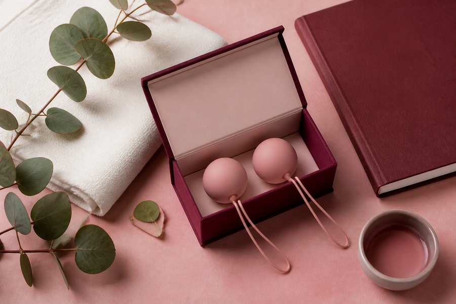Boules de geisha dans un coffret rose pour un guide d’utilisation