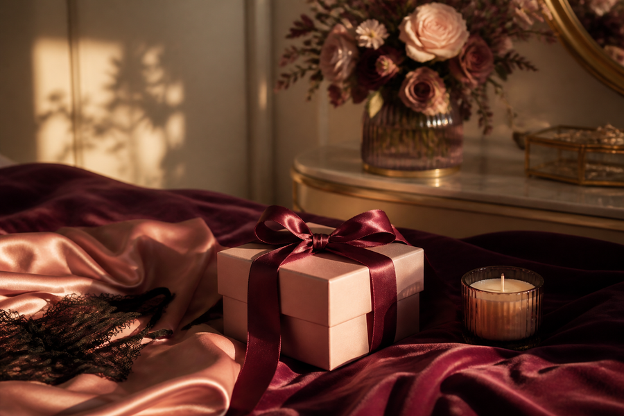 Cadeau élégant emballé dans une ambiance bordeaux et rose