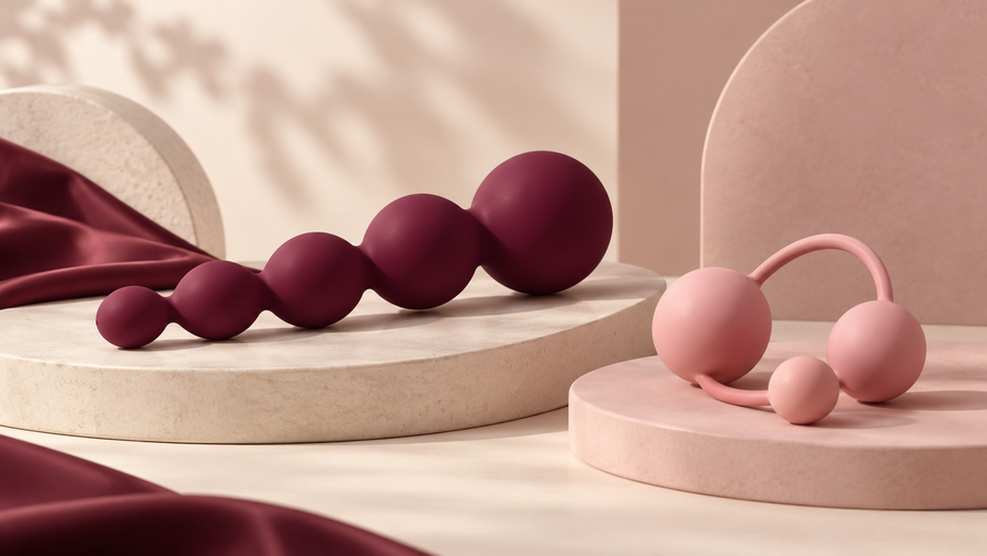 Illustration éditoriale de formes sphériques graduées bordeaux et roses, sans marque ni produit réel.