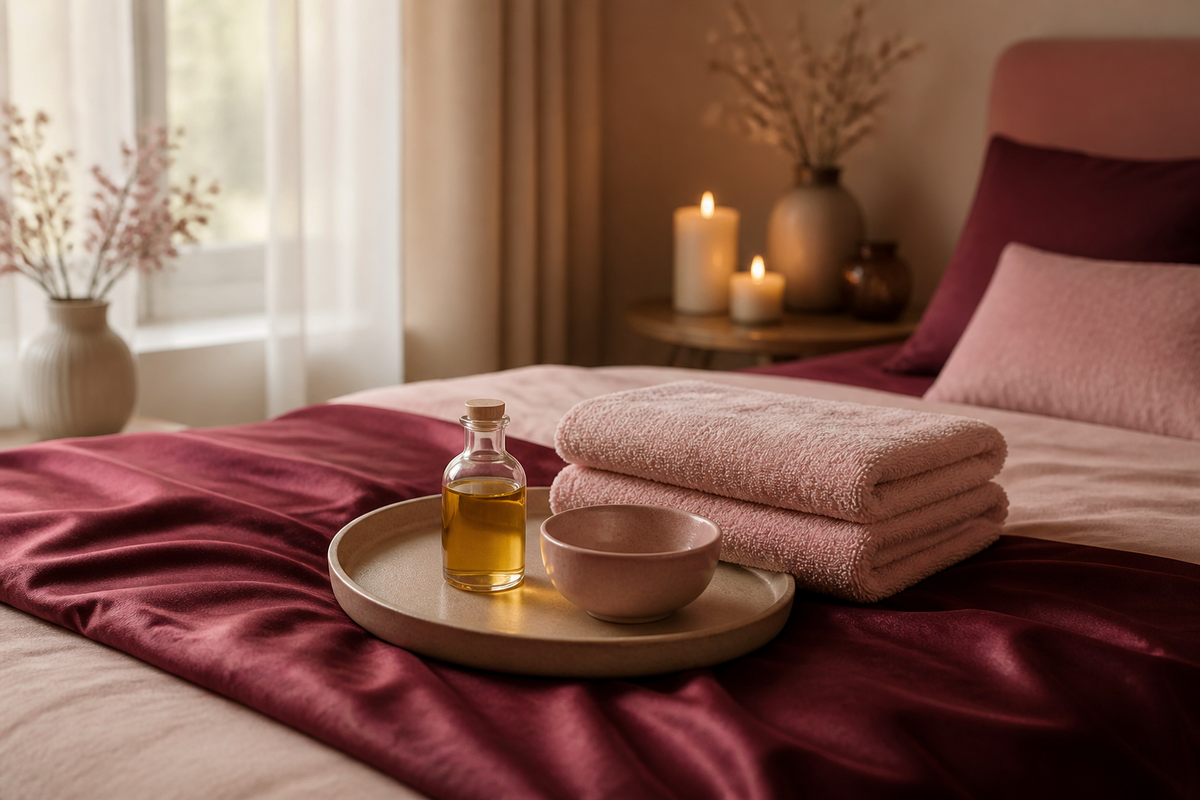 Huile de massage pour un moment à deux dans une ambiance chaleureuse aux tons bordeaux et crème Image