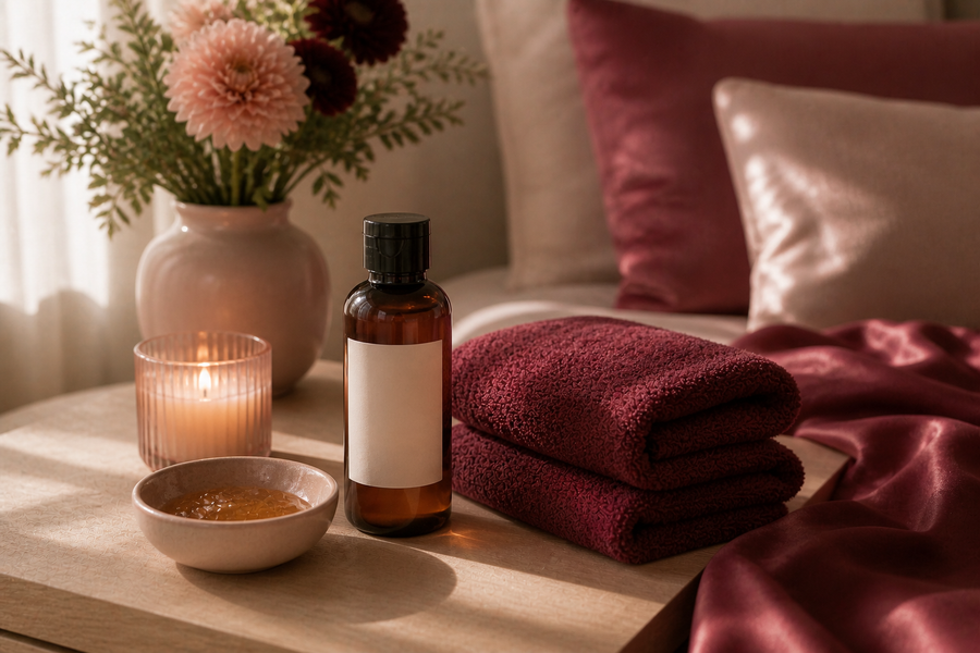 Gel de massage chauffant dans une ambiance intime aux tons bordeaux et crème