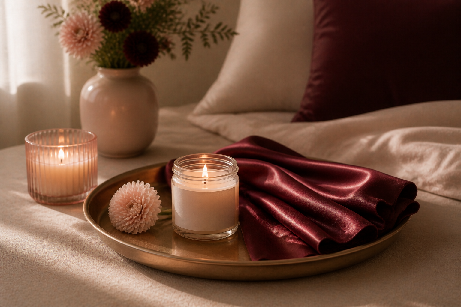 Bougie de massage dans une ambiance chaleureuse aux tons bordeaux et rose poudré Image