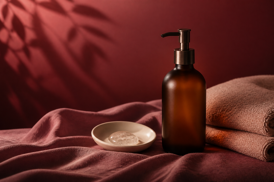 Flacon de gel de massage intime dans une ambiance bordeaux et rose