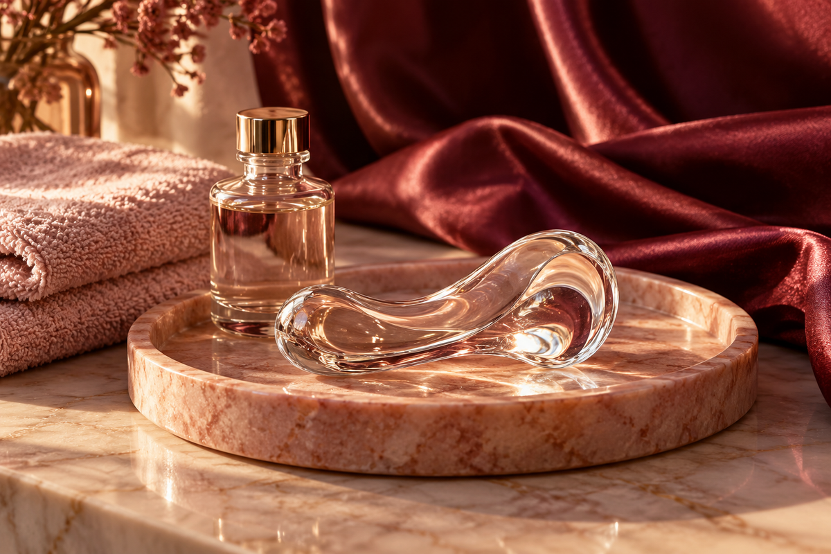 Nature morte illustrative autour du verre, sur un plateau rose devant un satin bordeaux