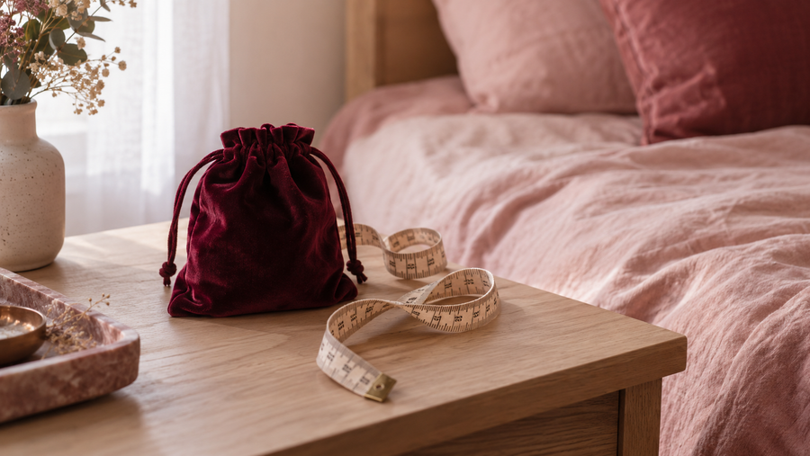 Pochette bordeaux et ruban de mesure sur une table, pour comparer les dimensions d’un modèle