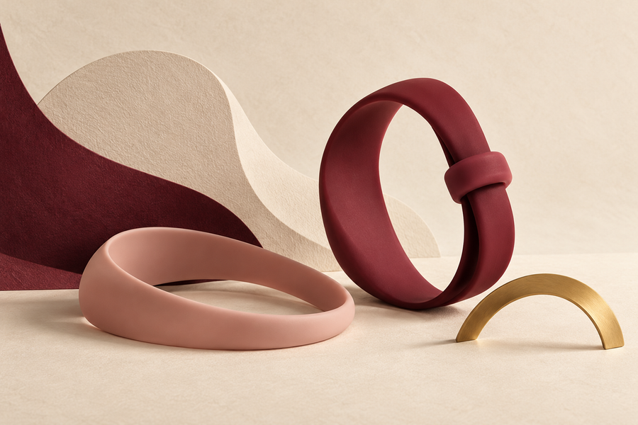 Boucle bordeaux à coulisse, ruban rose et arc doré sur un fond ivoire texturé