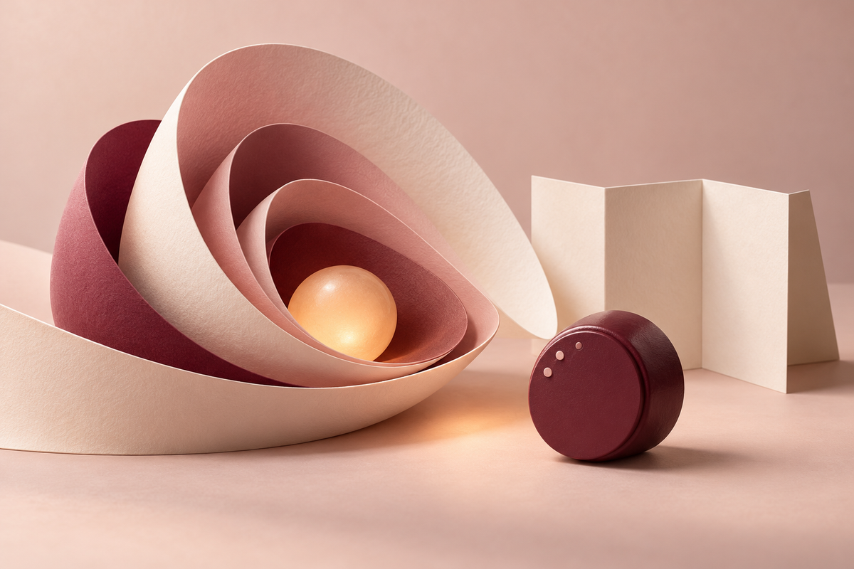 Composition abstraite en papier rose et bordeaux, lumière ambrée et cadran de réglage