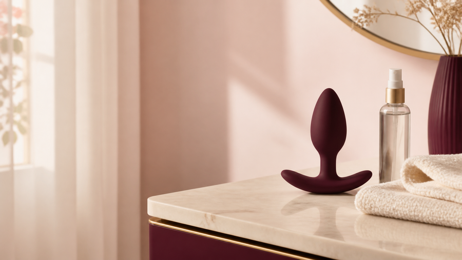 Stimulateur de prostate et lubrifiant sur une tablette élégante