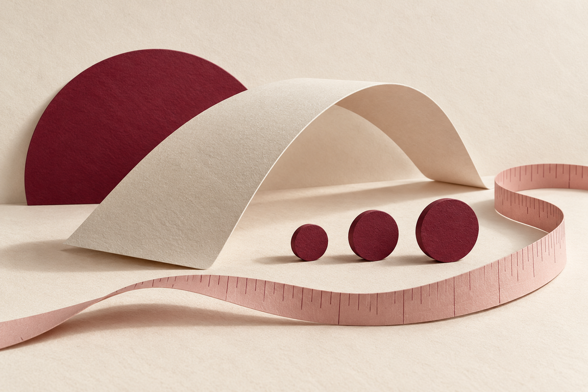 Arc de papier ivoire, trois disques bordeaux et ruban de mesure rose sur fond crème.