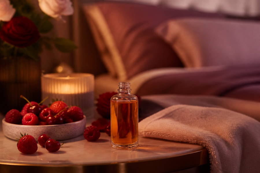 Flacon d’huile de massage comestible près de fruits rouges dans une ambiance chaleureuse