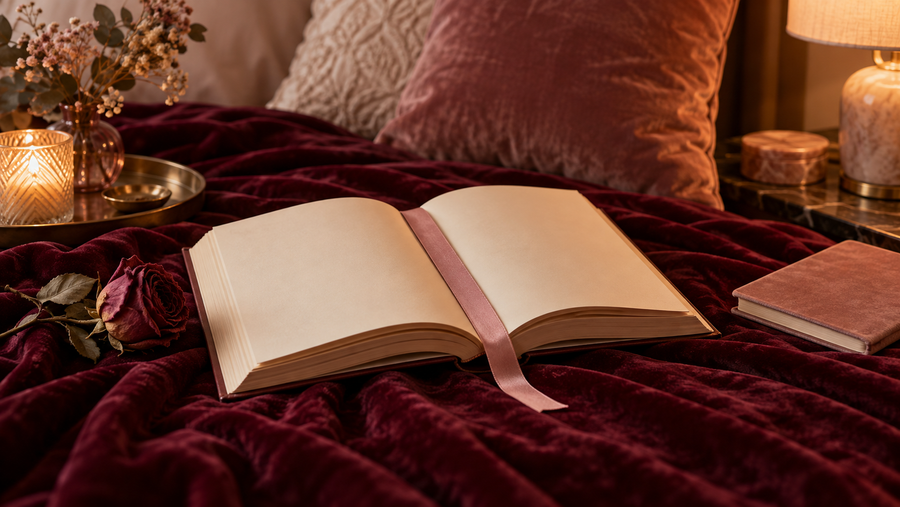 Livre ouvert dans une ambiance bordeaux et rose