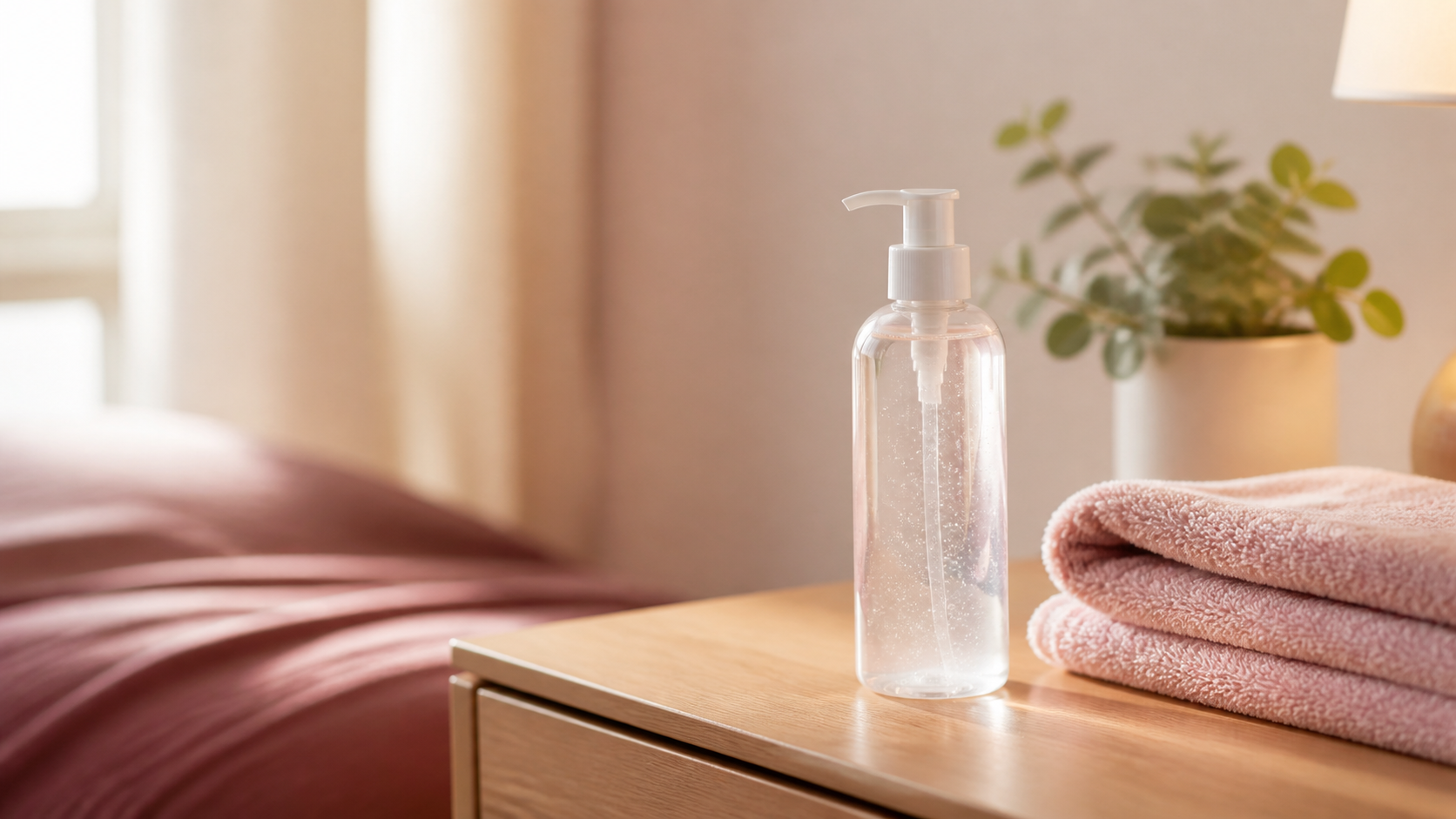Flacon de gel intime et serviettes dans une ambiance douce Image