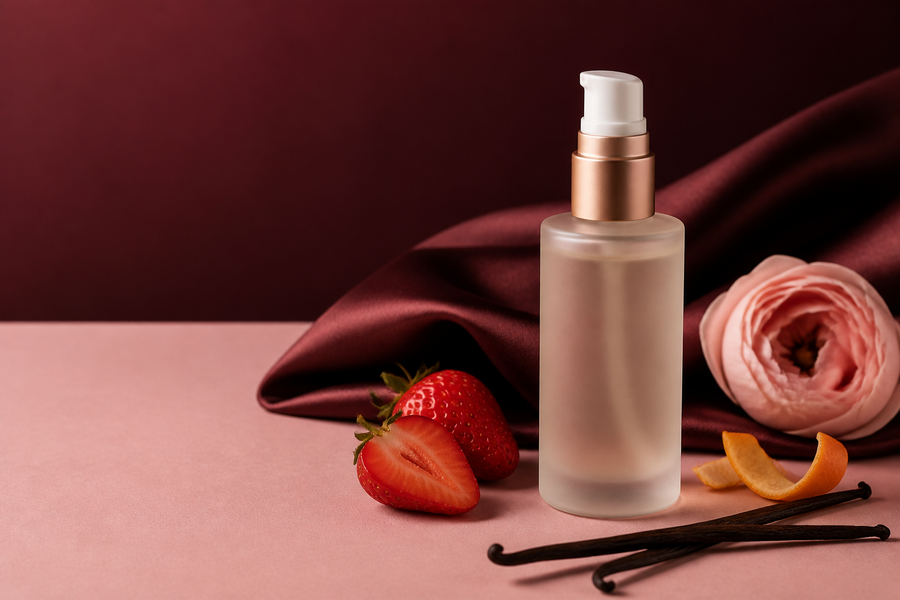Lubrifiant comestible aromatisé présenté avec des fruits et de la vanille