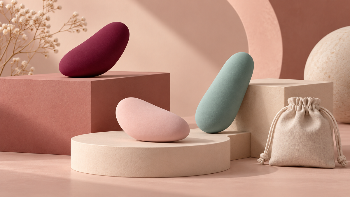 Illustration éditoriale de formes compactes abstraites bordeaux, rose et turquoise avec une pochette. Image