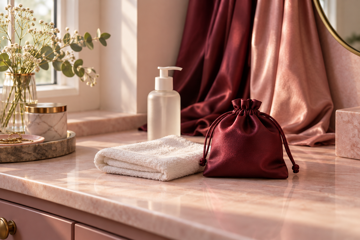 Linge propre et pochette de rangement bordeaux dans une ambiance rose chaleureuse Image