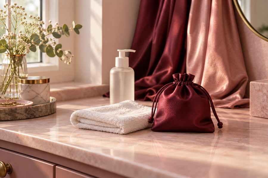 Linge propre et pochette de rangement bordeaux dans une ambiance rose chaleureuse