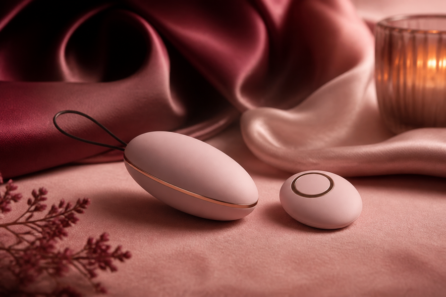 Œuf vibrant et télécommande sur un décor rose et bordeaux