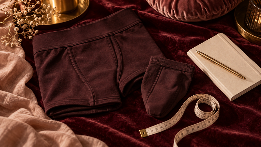 Sous-vêtement de packing, pochette et mètre ruban sur un velours bordeaux