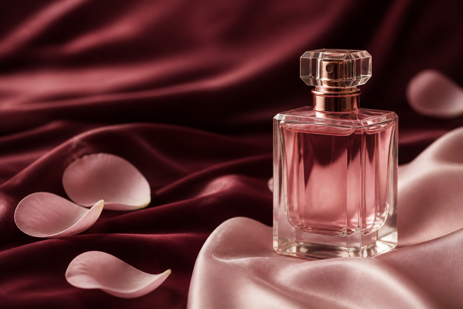 Flacon de parfum féminin dans une ambiance florale rose et bordeaux