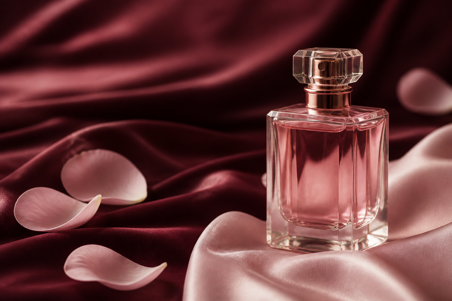 Flacon de parfum féminin dans une ambiance florale rose et bordeaux