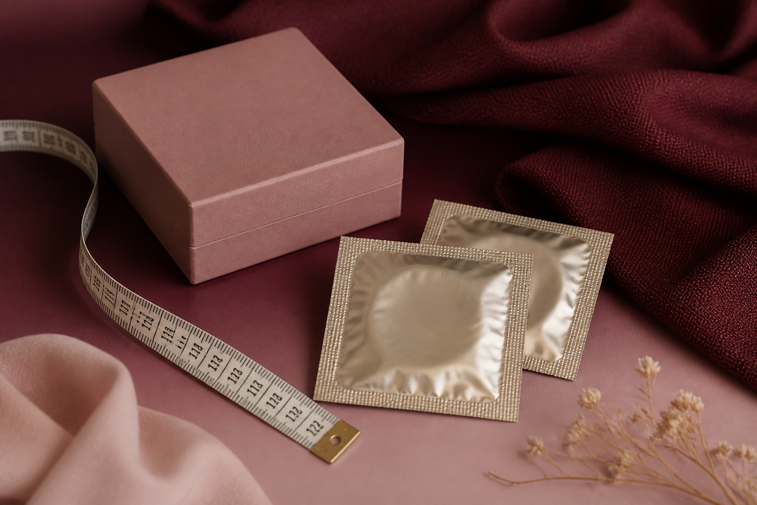 Préservatifs grande taille présentés avec un mètre ruban dans une ambiance bordeaux et rose