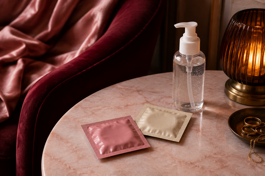 Illustration éditoriale : sachets fermés et flacon sur une table rose dans une ambiance bordeaux