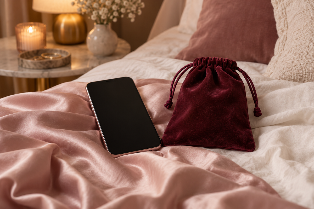 Téléphone et pochette bordeaux dans une ambiance douce rose et crème