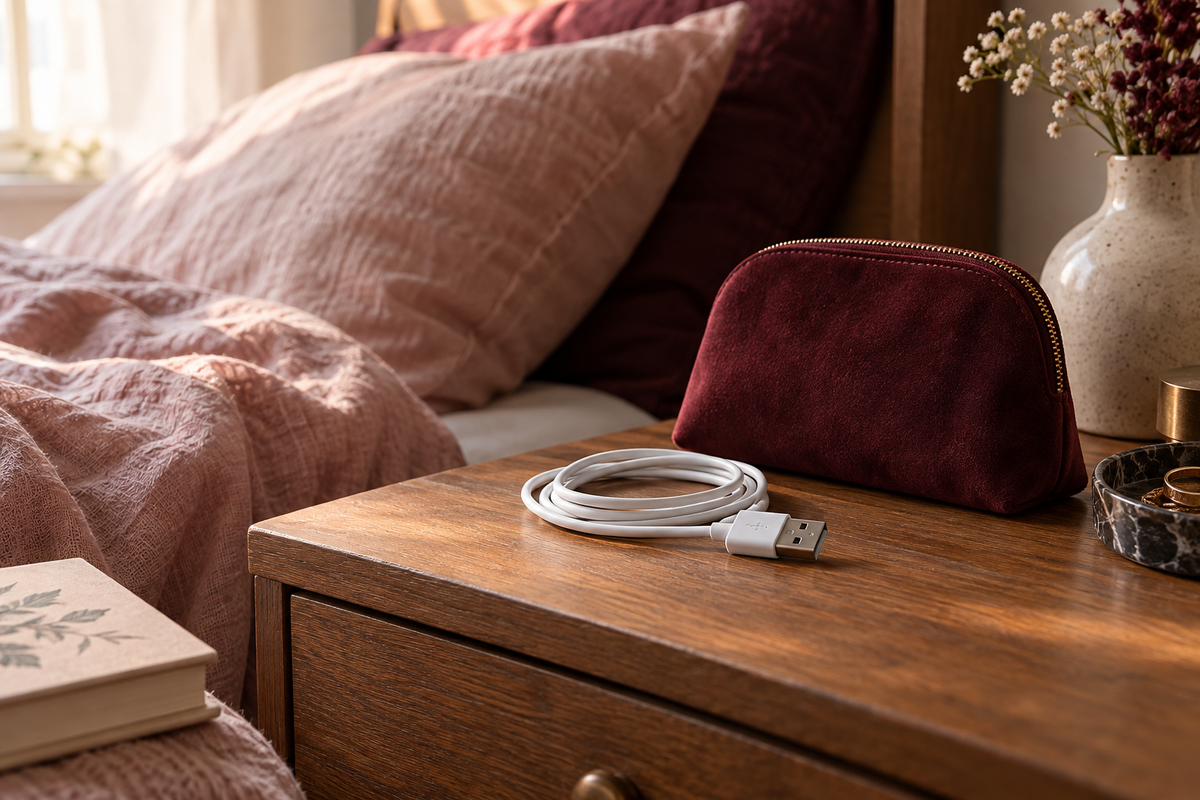 Câble USB débranché et pochette bordeaux sur une table de chevet chaleureuse