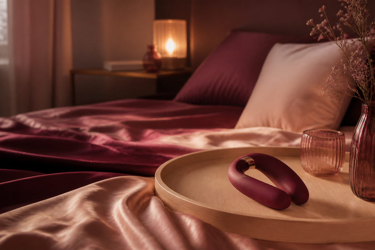 Vibromasseur couple posé sur un plateau en bois dans une ambiance bordeaux et rose Image