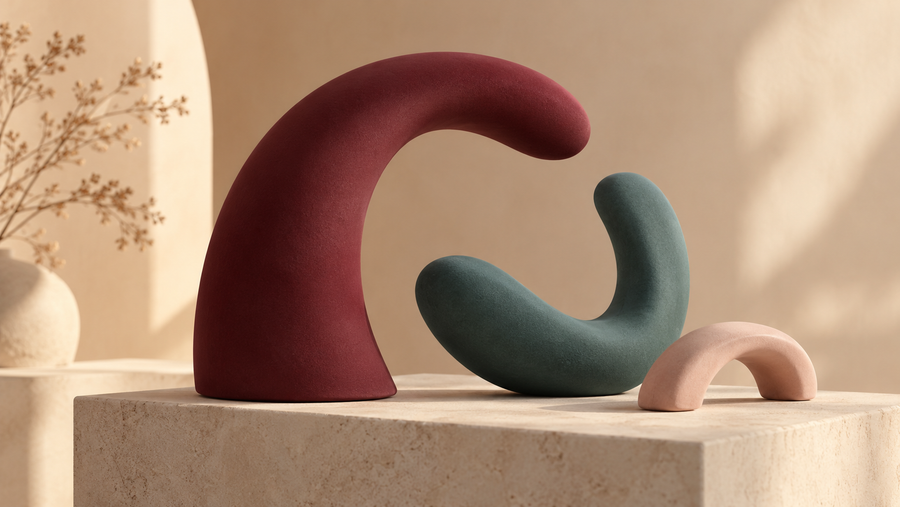 Illustration éditoriale de trois arches abstraites bordeaux, turquoise et rose sur un socle clair.