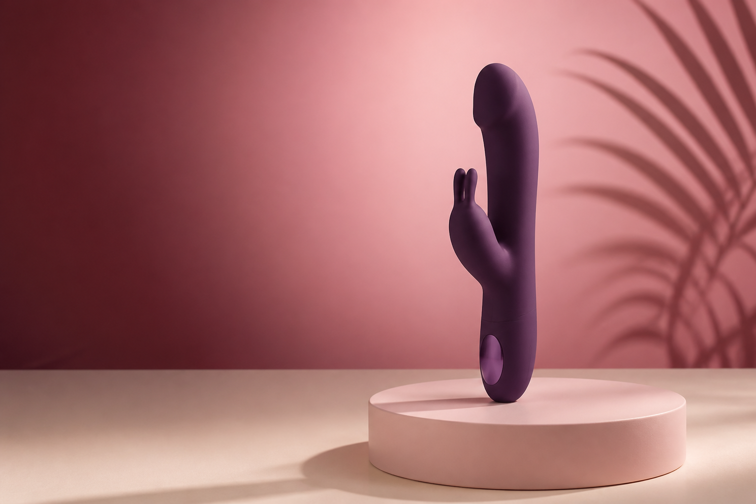 Vibromasseur rabbit violet présenté sur un socle rose