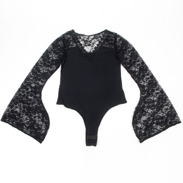 Body floral noir à manches évasées S/M – Subblime