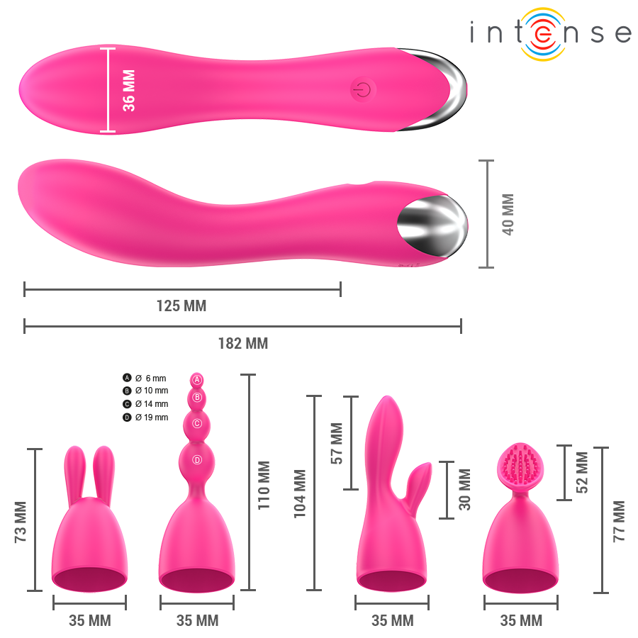 Stimulateur Cher et ses quatre embouts Intense, vues sur fond blanc