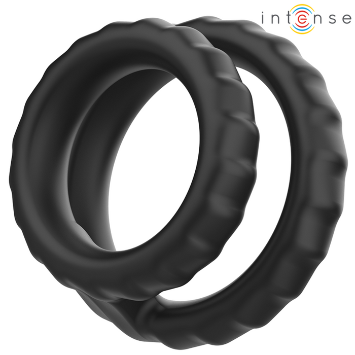 Double anneau pénien Dewey en silicone noir – Intense — produit seul sur fond blanc