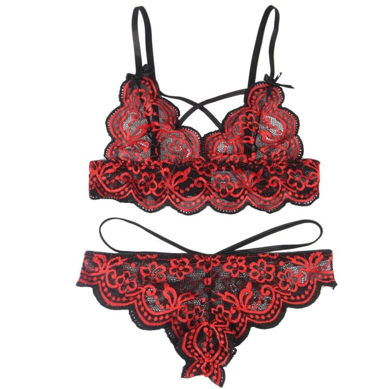 Ensemble haut et string en dentelle rouge et noire – Subblime