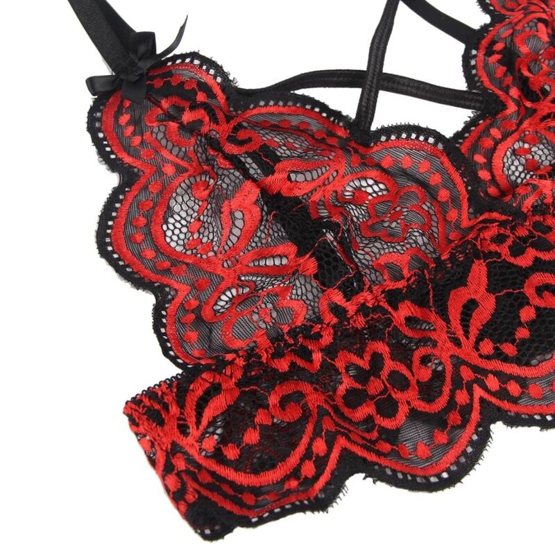 Ensemble haut et string en dentelle rouge et noire – Subblime – vue complémentaire