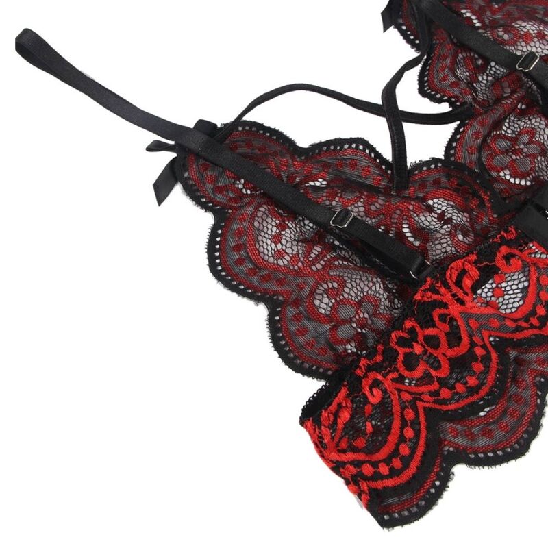Ensemble haut et string en dentelle rouge et noire – Subblime – vue complémentaire