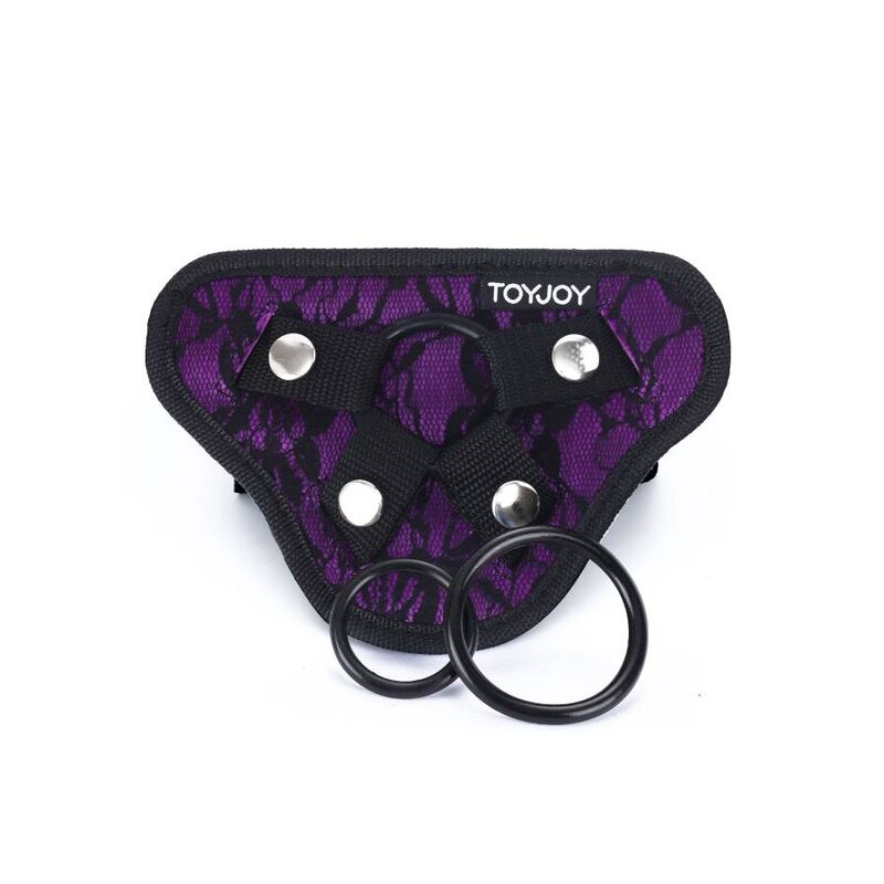 Harnais Lace violet avec trois anneaux sur fond blanc – Get Real