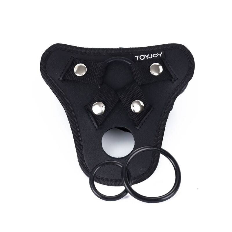 Harnais Pleasure noir avec trois anneaux sur fond blanc – Get Real