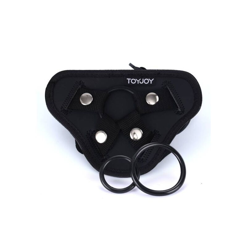 Harnais Strap-On noir avec trois anneaux sur fond blanc – Get Real