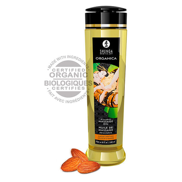 Huile de massage aux amandes bio 240 ml – Shunga sur fond blanc