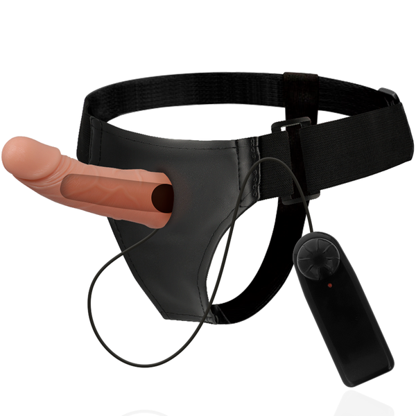 Harnais Marcos avec gode creux vibrant 15 cm – Harness Attraction — ensemble seul sur fond blanc